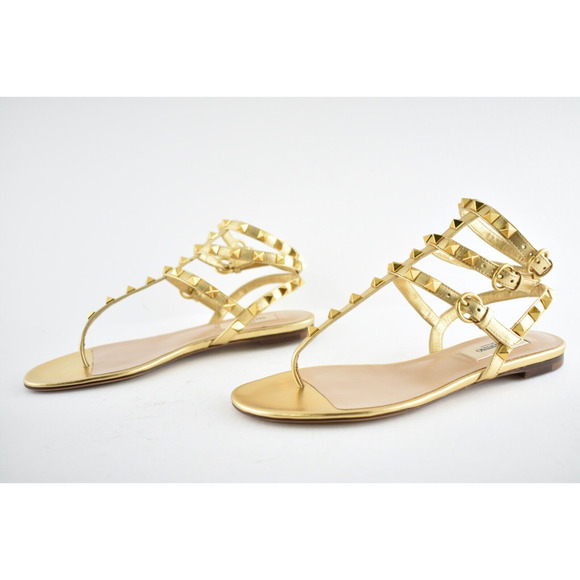 Valentino Rockstud KM5 Gold Leather Triple Ankle Strap Gladiator Flat Sandal 36 - Picture 8 of 10